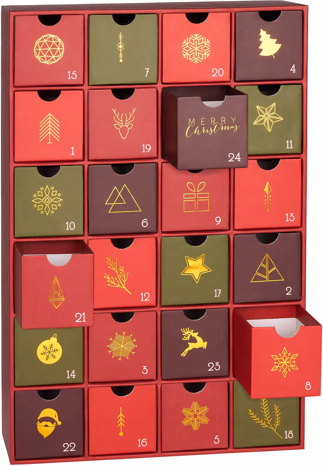 Calendario dell'Avvento BRUBAKER da riempire - tradizionale Natale rosso-verde oro - calendario natalizio fai da te con 24 porte - 39 cm