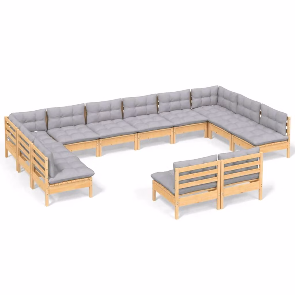 Set Divani da Giardino 12 pz con Cuscini Grigi Massello di Pino