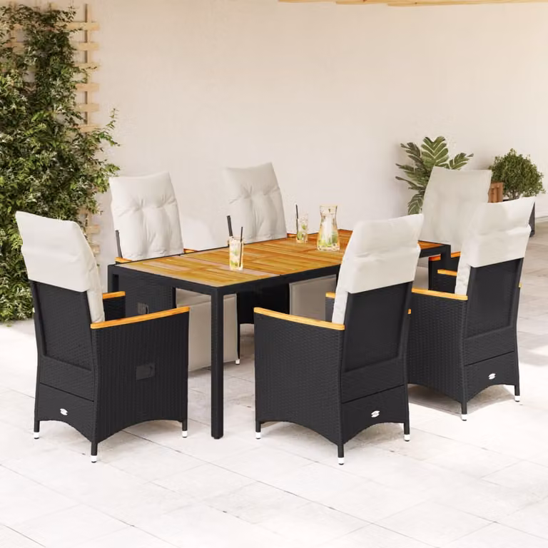 Set da Bistrò da Giardino vidaXL in Polyrattan e Legno di Acacia con 7 Pezzi e Cuscini Nero