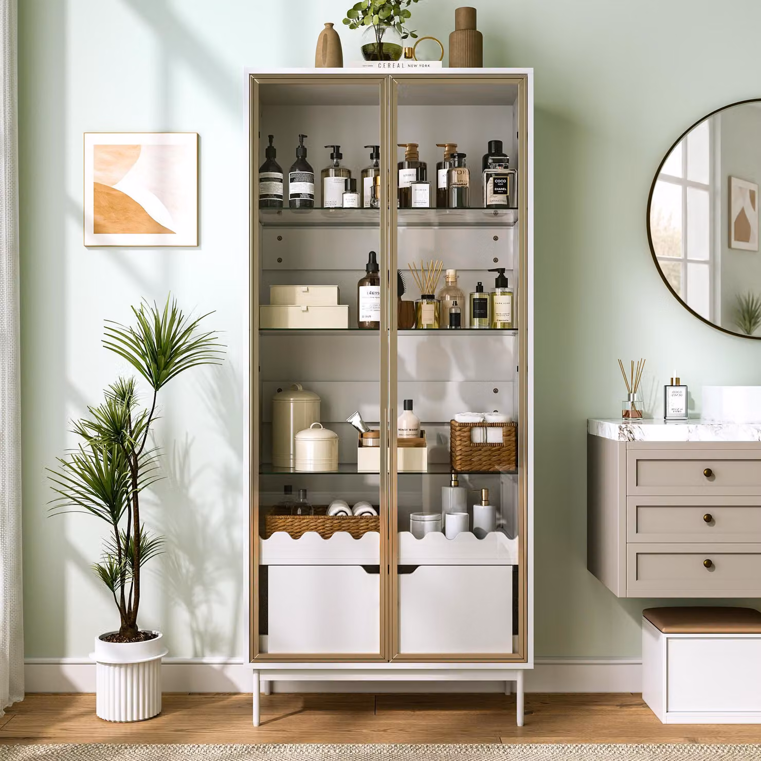 Mobiletto alto con anta in vetro, ripiani in vetro regolabili in altezza, mobiletto buffet con cassetto, piedi in metallo, credenza 75x35x170,8 cm, bianco e oro