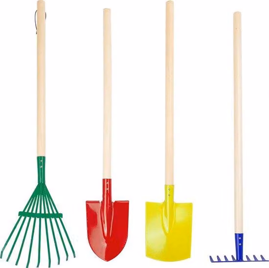 Set di 4 attrezzi da giardino per bambini Unyqoos®, adatto a partire dai 3 anni: rastrello, pala, zappa e setaccio colorati, realizzati in legno e metallo, dimensioni 72 x 2 x 2 cm, ideali per le piccole mani