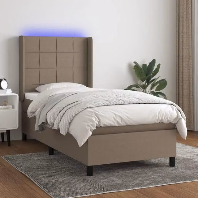 Letto a molla con testiera in tessuto beige e illuminazione LED vidaXL, dotato di porta USB, L/P/H: 90 x 200 x 128 cm