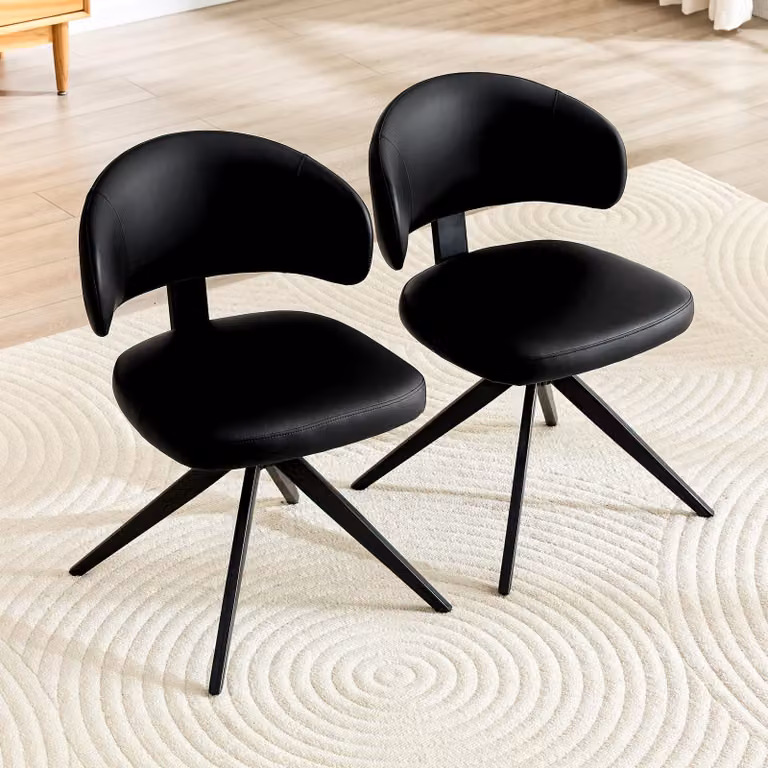 Set di 2 sedie da pranzo, schienale sagomato, rivestimento in PU, struttura in metallo, girevoli (colore: nero)