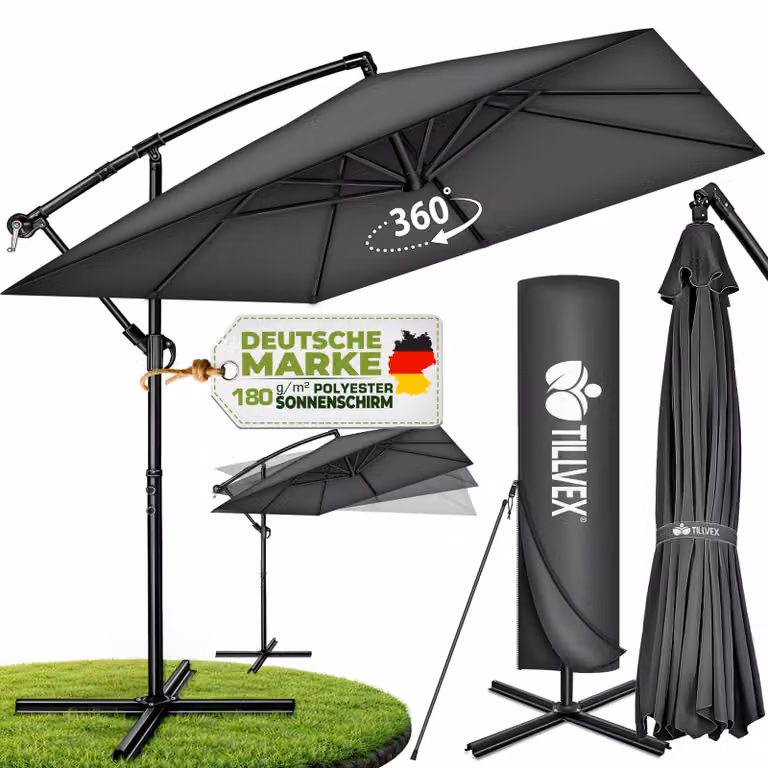 tillvex® Parasole in alluminio, rettangolare, diametro 330 cm, rosso + copertura con manovella | Parasole a gondola, angolare, con supporto | Parasole da giardino, protezione UV, in alluminio | Parasole con manovella, impermeabile, girevole a 360°