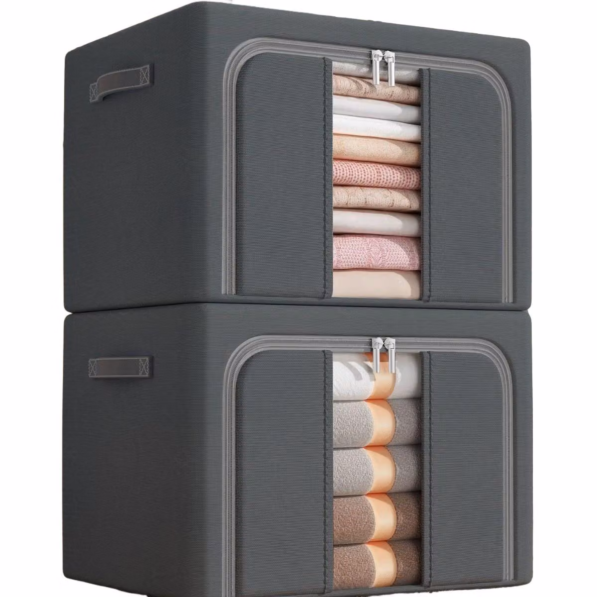 set di 2 scatole portaoggetti in tessuto Oxford, impermeabile, pieghevole, 100L, scomparti, per vestiti e guardaroba, con finestra di visualizzazione, grigio scuro
