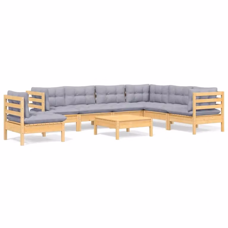 Set Divani da Giardino 8 pz con Cuscini Grigi Massello di Pino