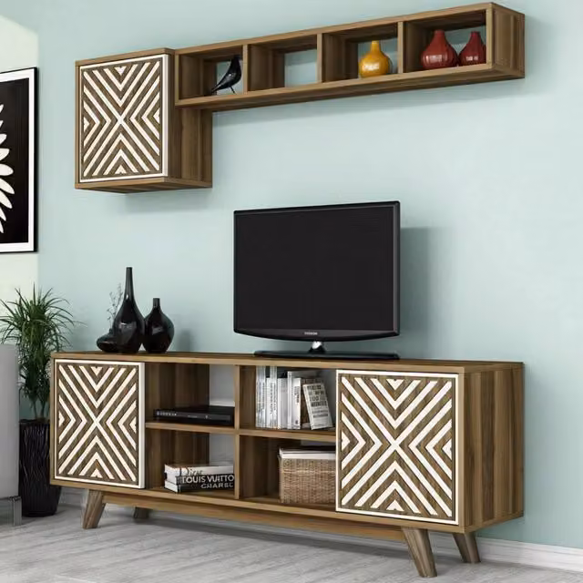 Mobile porta TV Drusilla DMORA, Credenza da soggiorno moderna in legno, L: 160 cm, P: 35 cm, H: 56,2 cm, Noce e Bianco – 1