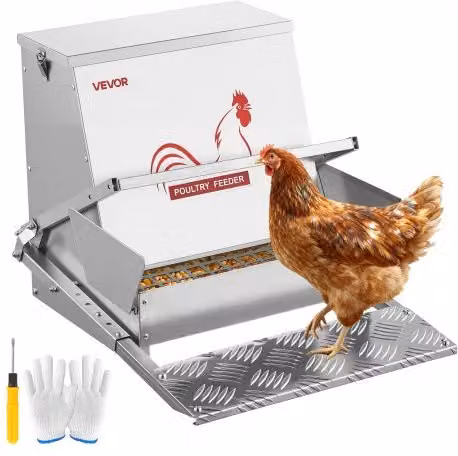 Mangiatoia Automatica per Polli VEVOR in Acciaio Zincato Argento con Capacità 18,14 kg e Coperchio Bloccabile Antipioggia