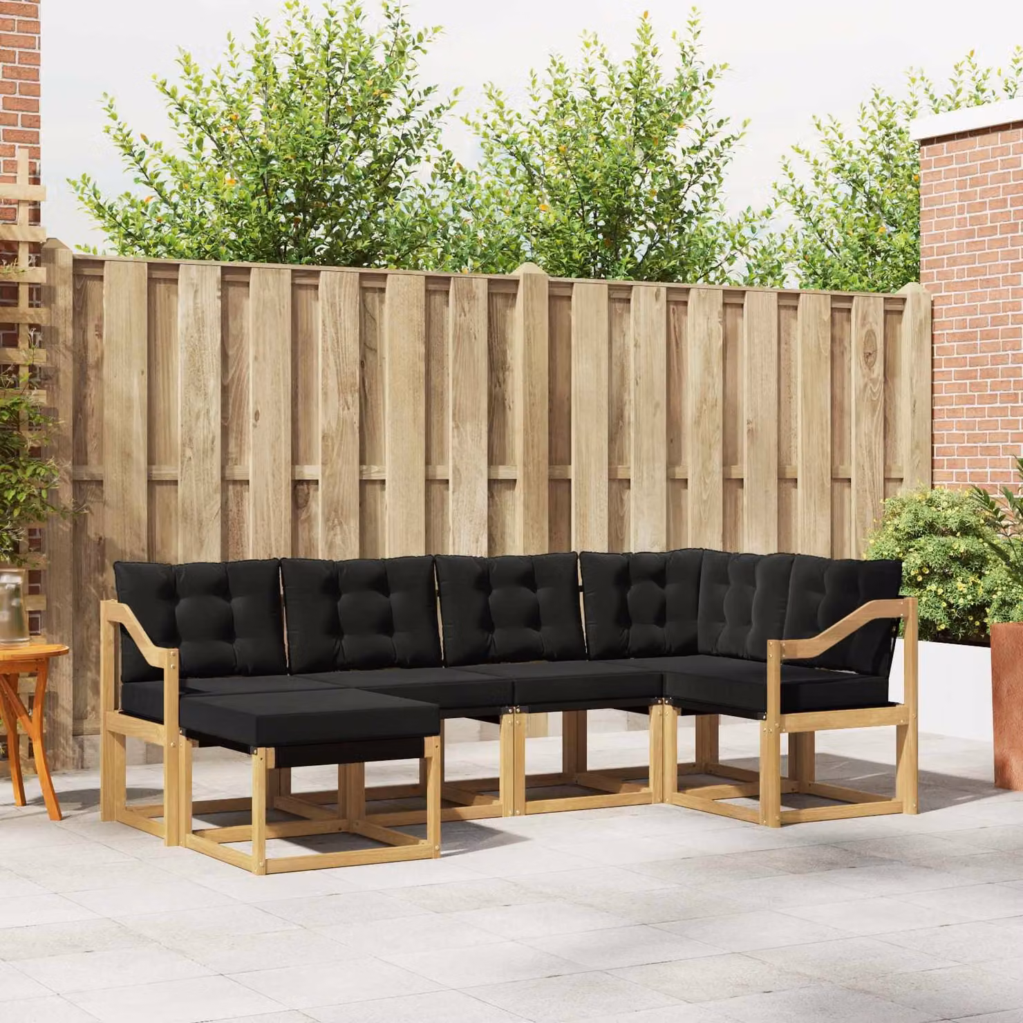 Set di divani da esterno vidaXL 6 pz a forma di L in legno di acacia con cuscini bianchi e neri