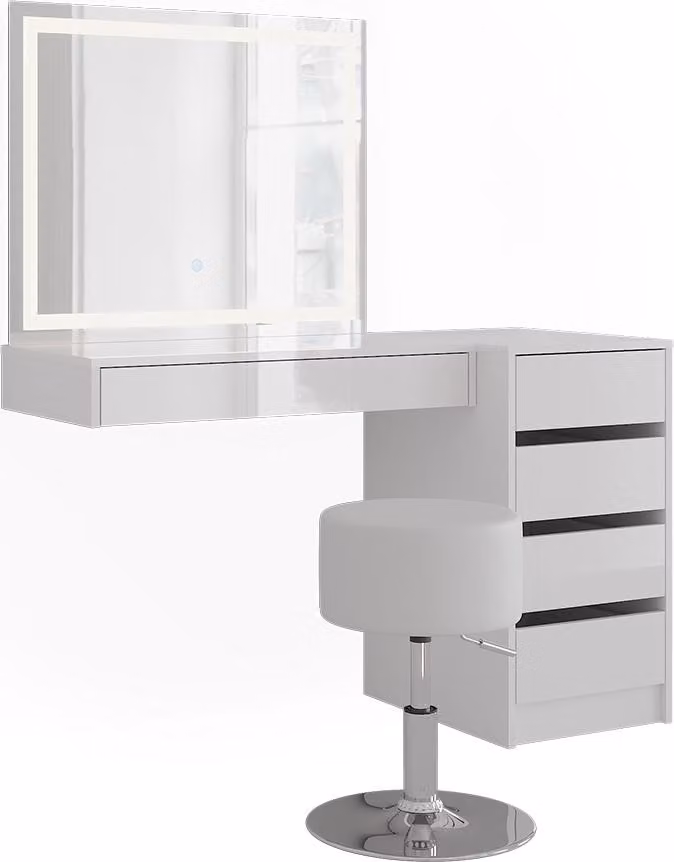 Tavolo da toeletta Vicco Sherry Bianco/Bianco lucido 120.2 cm con specchio LED, sgabello e cassettiera, Model 57727