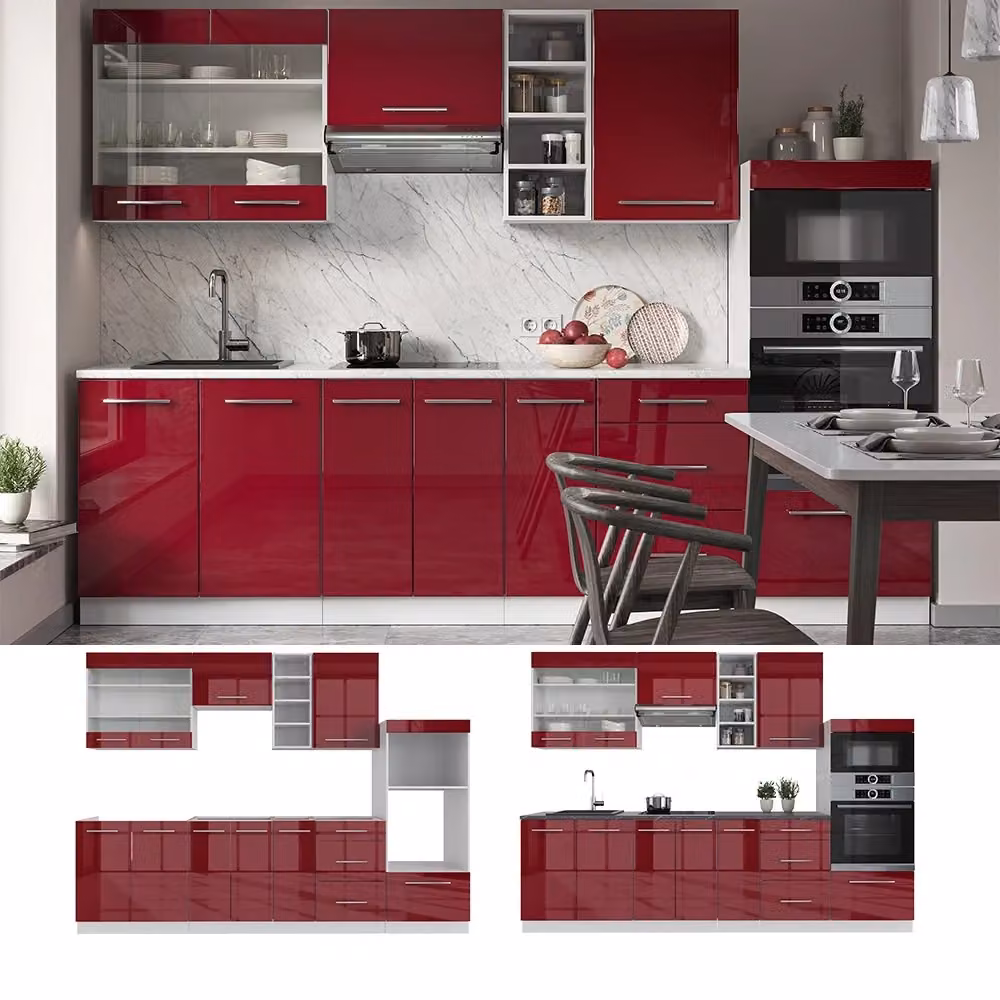 Cucina componibile moderna Fame-Line Vicco bordeaux lucido e bianco con piano in marmo L: 280 cm – 2