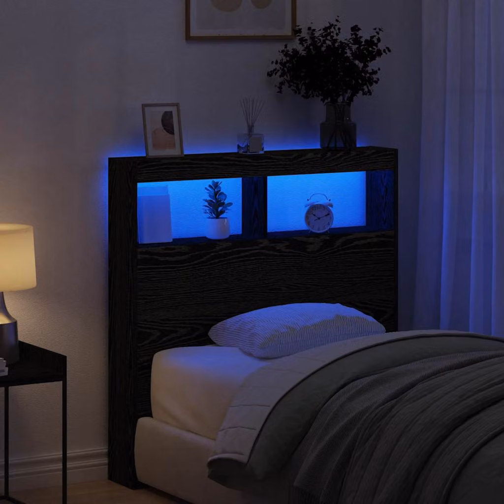 Testiera con Contenitore vidaXL in Rovere Nero con Illuminazione LED e Porte USB, L 100 x P 17 x H 102 cm