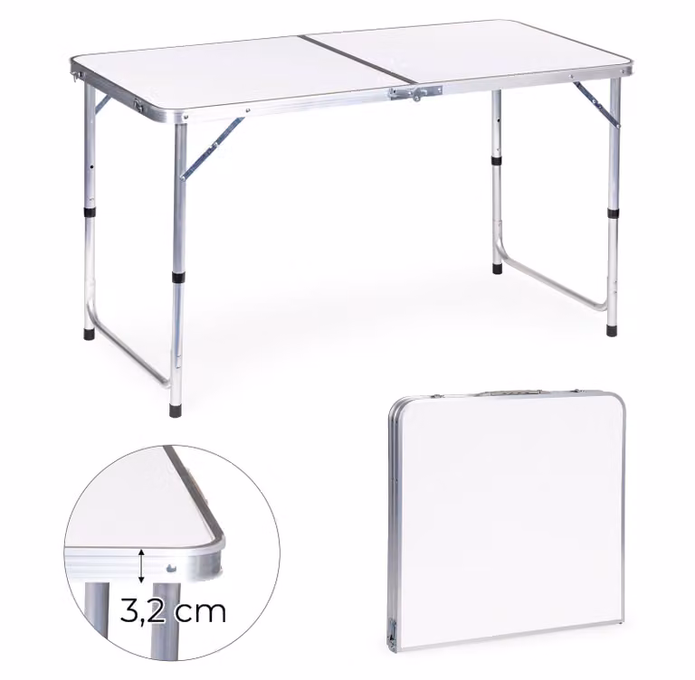 Tavolino da campeggio pieghevole, piano bianco 120x60 cm, MultiGarden