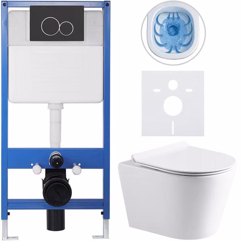 CERANO - Set completo per WC da incasso Lite/Norbi - bianco lucido - pulsante WC Duo, nero opaco - installazione a parete - 48,5x36,5 cm