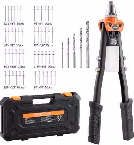 VEVOR Kit Rivettatrice per Filettati a Cricchetto a Due Mani con 230 Rivetti Ciechi, 5 Naselli Intercambiabili, 5 Punte da Trapano e Custodia, Arancione e Nero