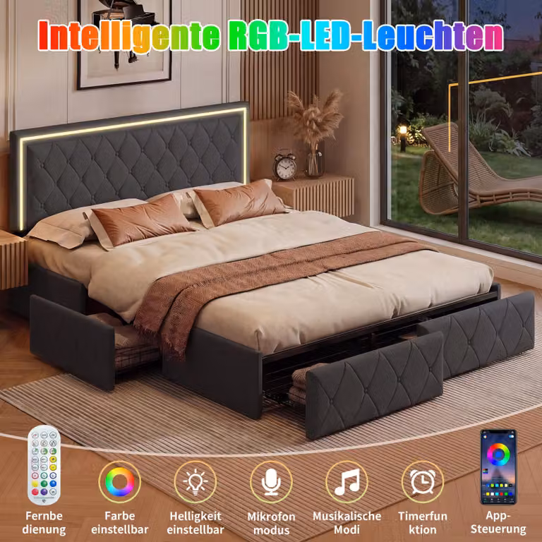 Letto grigio 140x200 cm con testiera illuminata a LED, 4 cassetti e contenitore a letto