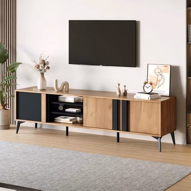 Mobile TV REDOM in stile rustico con 3 ante e 4 ripiani aperti, Nero/Marrone, L/P/H: 180 x 40 x 50 cm