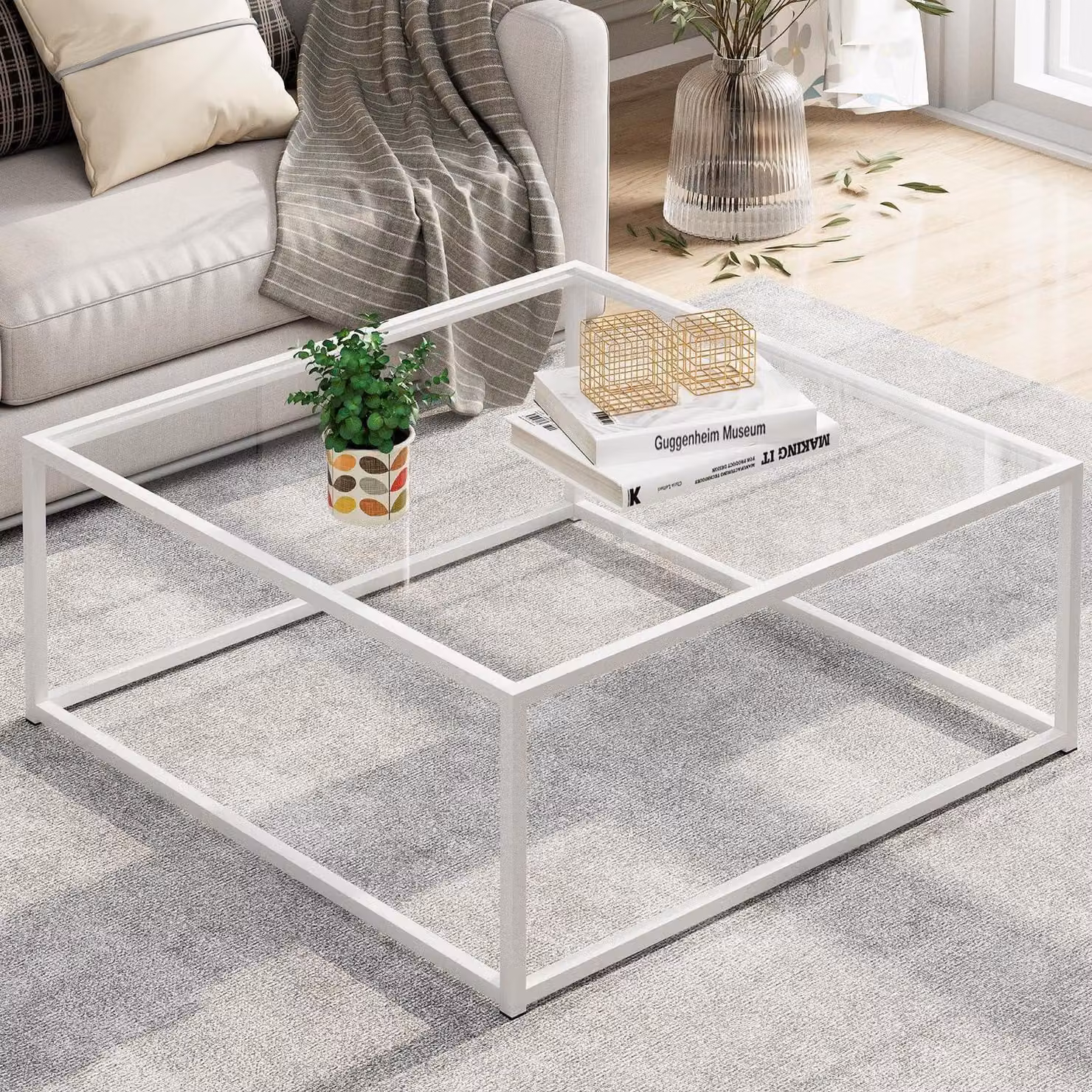 Tavolino da caffè in vetro bianco, forma quadrata, dimensioni 67x67x40 cm