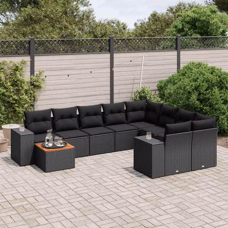 vidaXL Set Divani da Giardino a L 10pz in Polyrattan Nero con Cuscini e Tavolino da Esterno