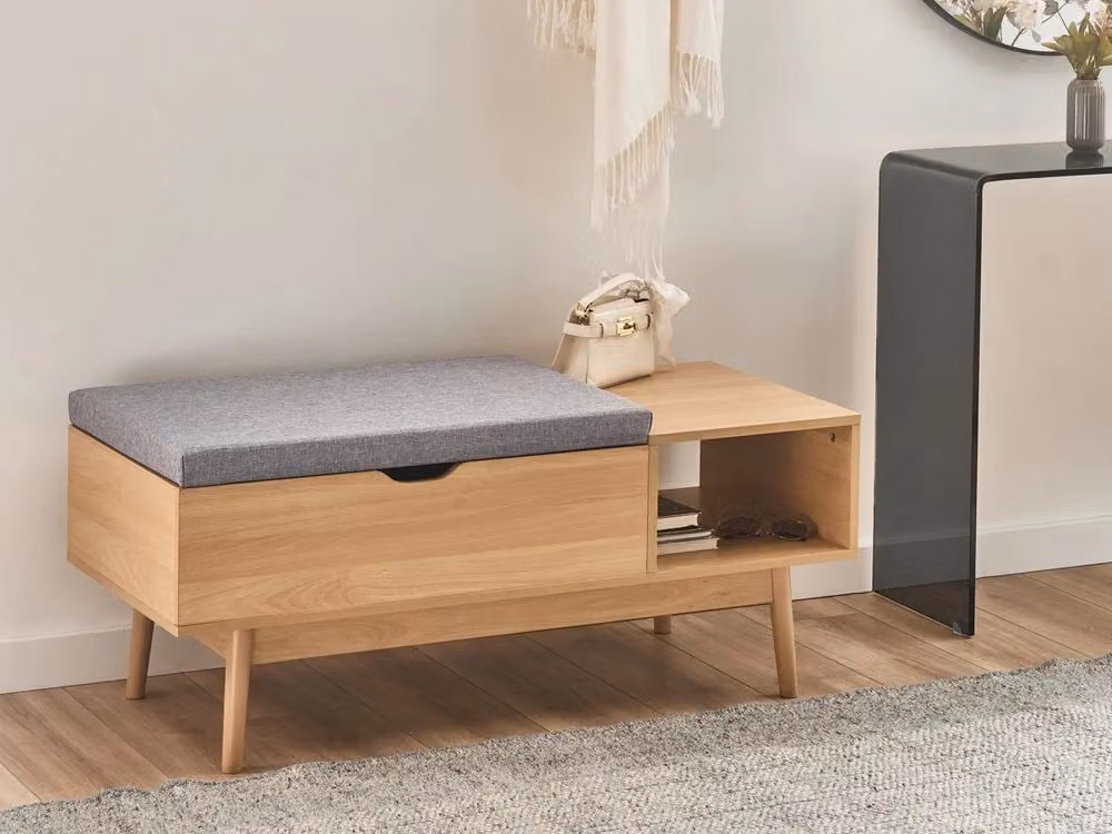 Panca porta scarpe BELIANI in truciolato e legno bianco e marrone con stile scandinavo per ingresso, L: 110 cm, P: 46 cm, H: 43 cm – 2