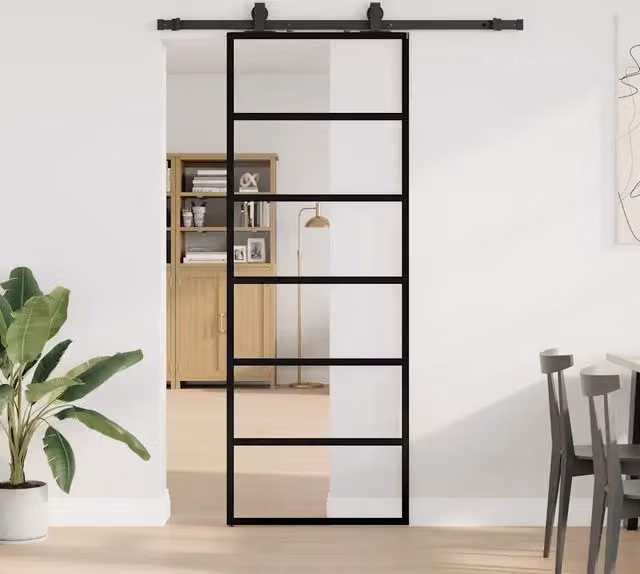 Porta Scorrevole Moderna vidaXL in Vetro Trasparente con Telaio in Alluminio Nero L: 76 cm, H: 205 cm