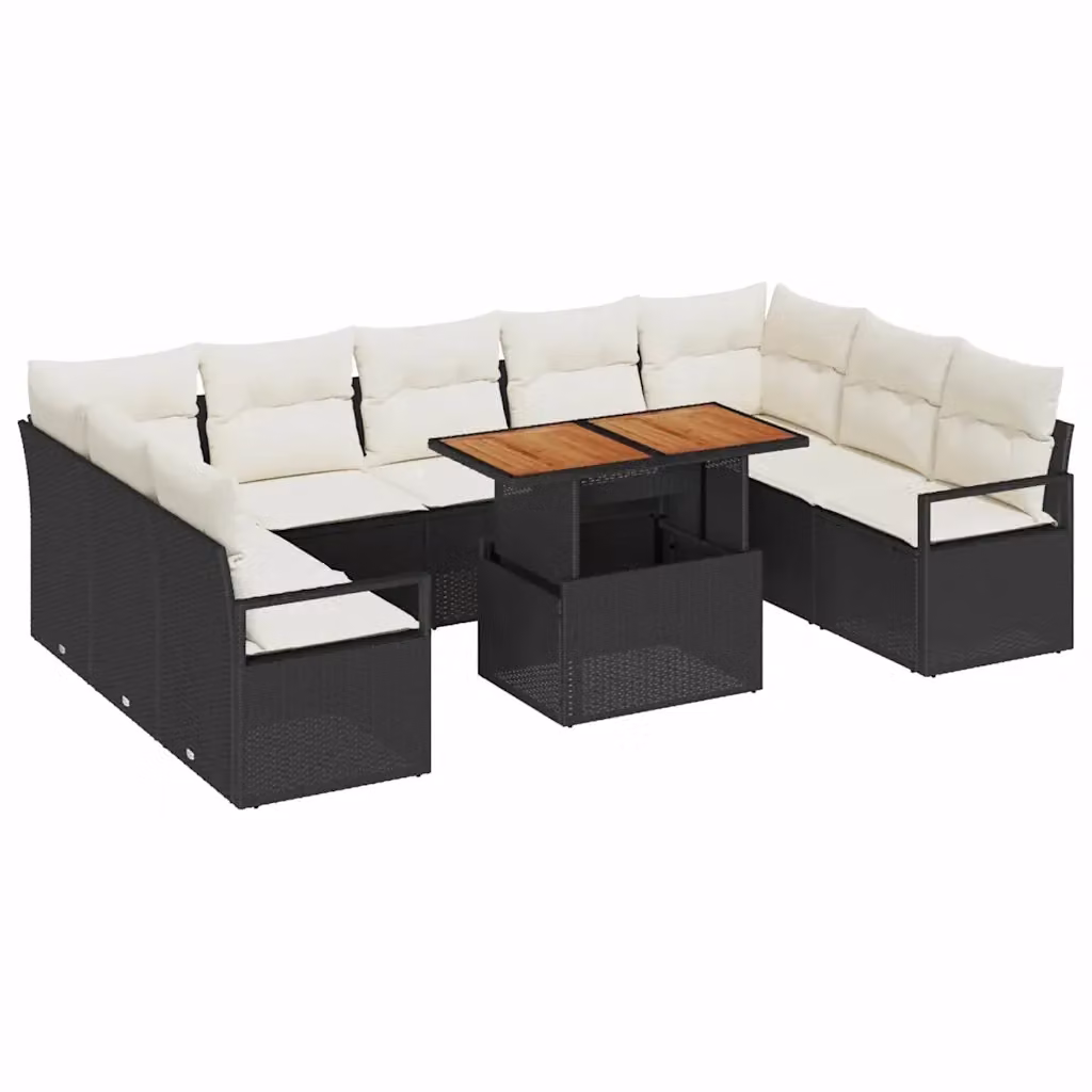 Set Divano da Giardino vidaXL 10 Pezzi con Cuscini Nero e Beige in Acciaio e Legno di Acacia – 2