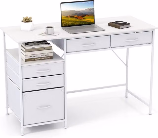 Scrivania moderna per computer e ufficio con mensola, tavolo bianco in MDF e metallo, L: 120 cm, P: 50 cm – 1