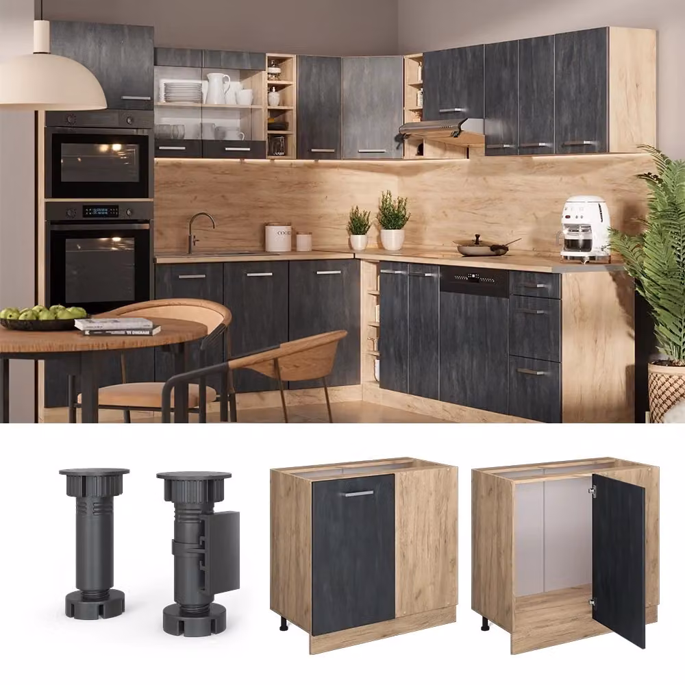 Mobile ad angolo per cucina Vicco R-Line in finitura opaca nero e rovere, L: 86 cm – 2