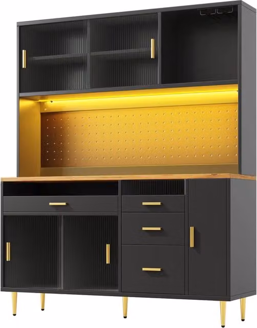 Mobile alto da soggiorno con LED, ripiani regolabili, vetro scorrevole e mensole in perforato, nero, 145x39x171 cm
