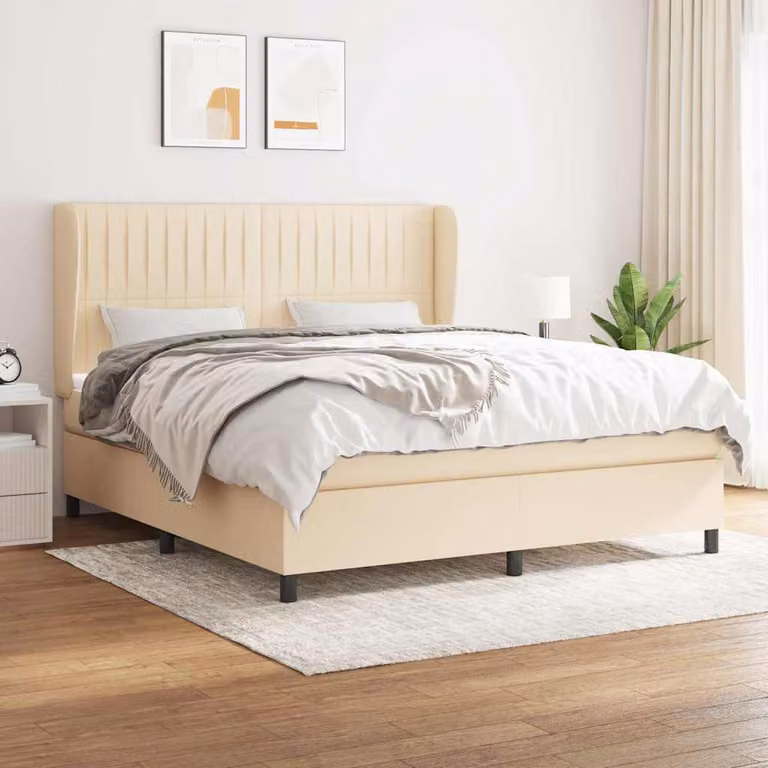 vidaXL Giroletto a Molle con Materasso Ibrido in Tessuto Beige e Bianco L/P: 160 x 200 cm