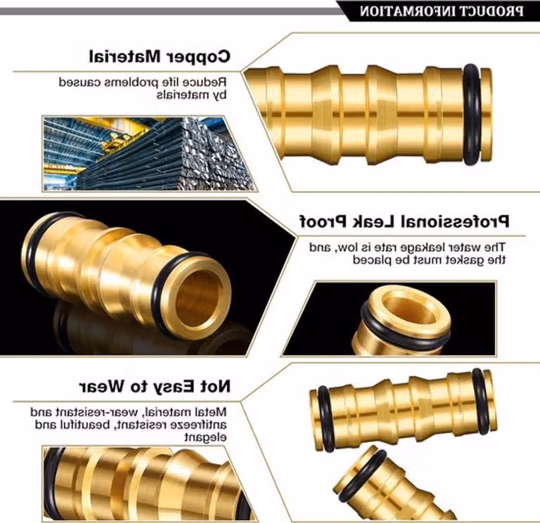 Connettore in ottone per tubi da giardino, doppio, compatibile con tubi e rubinetti (4 set) - Resistente e senza perdite