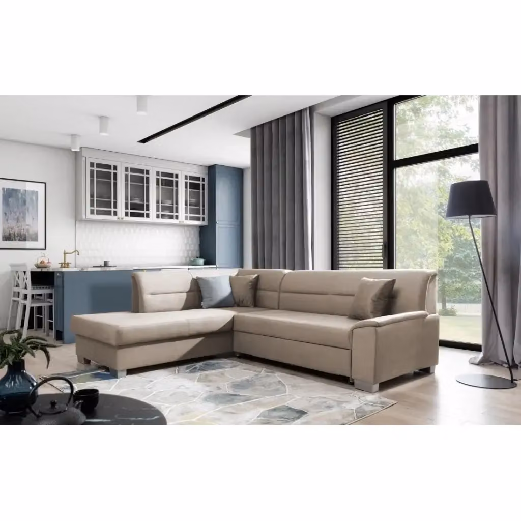 Divano ad angolo convertibile TROMSO MEUBLORAMA marrone beige effetto velluto con funzione letto e vano contenitore angolo sinistro – 2