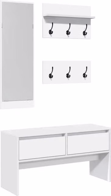 Set Mobili da Ingresso 4 Pezzi Design In Bianco in Legno Multistrato con Panca, Specchio e Pannello con Ganci