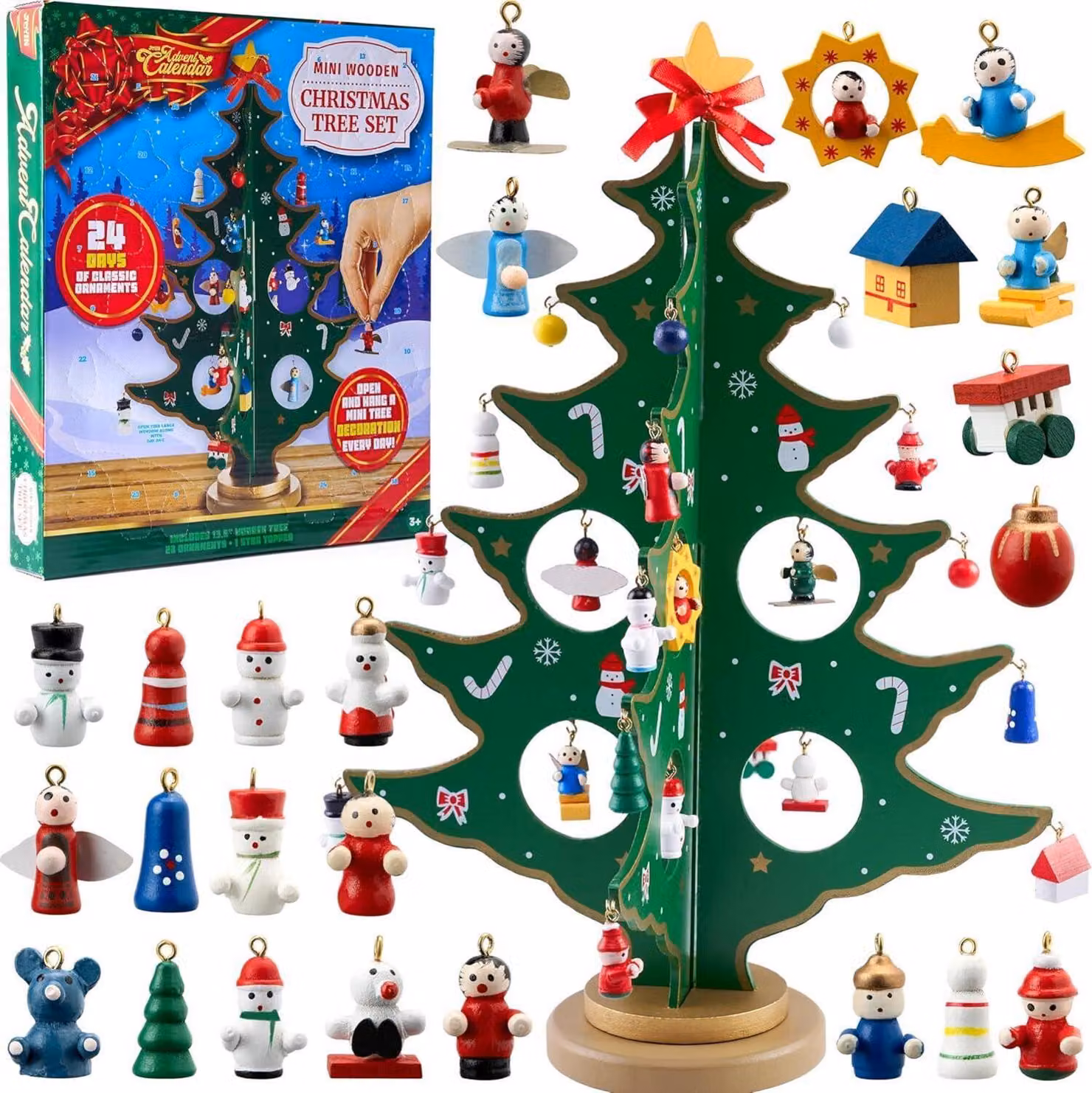 Calendario dell'Avvento 2024 JOYIN con albero di Natale in legno e 28 ornamenti