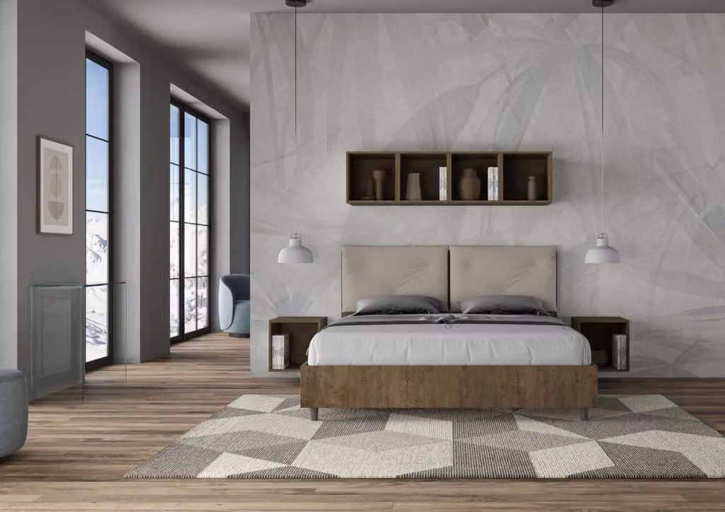 Letto Matrimoniale Egos Appia con Contenitore e Rete, Struttura Noce e Cuscini in Similpelle Tortora, L/P: 160 x 200 cm – 2