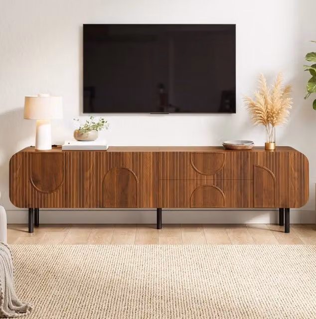 Mobile TV in stile Mid-Century con 3 ante, 2 cassetti, effetto noce, gambe in metallo, 180x40x47,5 cm