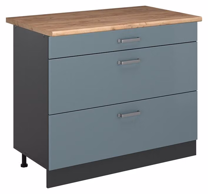 Mobiletto base per cucina Vicco R-Line Grigio-blu/Antracite 100 cm piano di lavoro Rovere dorato, Model 71584