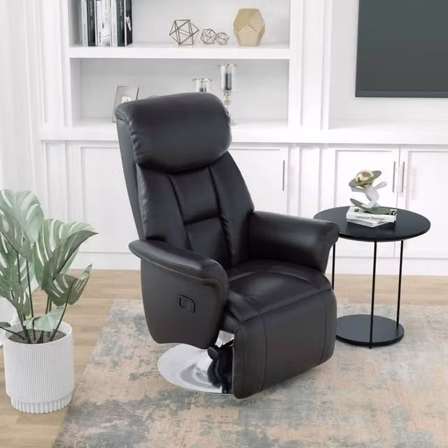 Poltrona relax girevole WISHDOR in similpelle nera con poggiapiedi estraibile e schienale reclinabile H: 109 cm, L: 80 cm, P: 78 cm