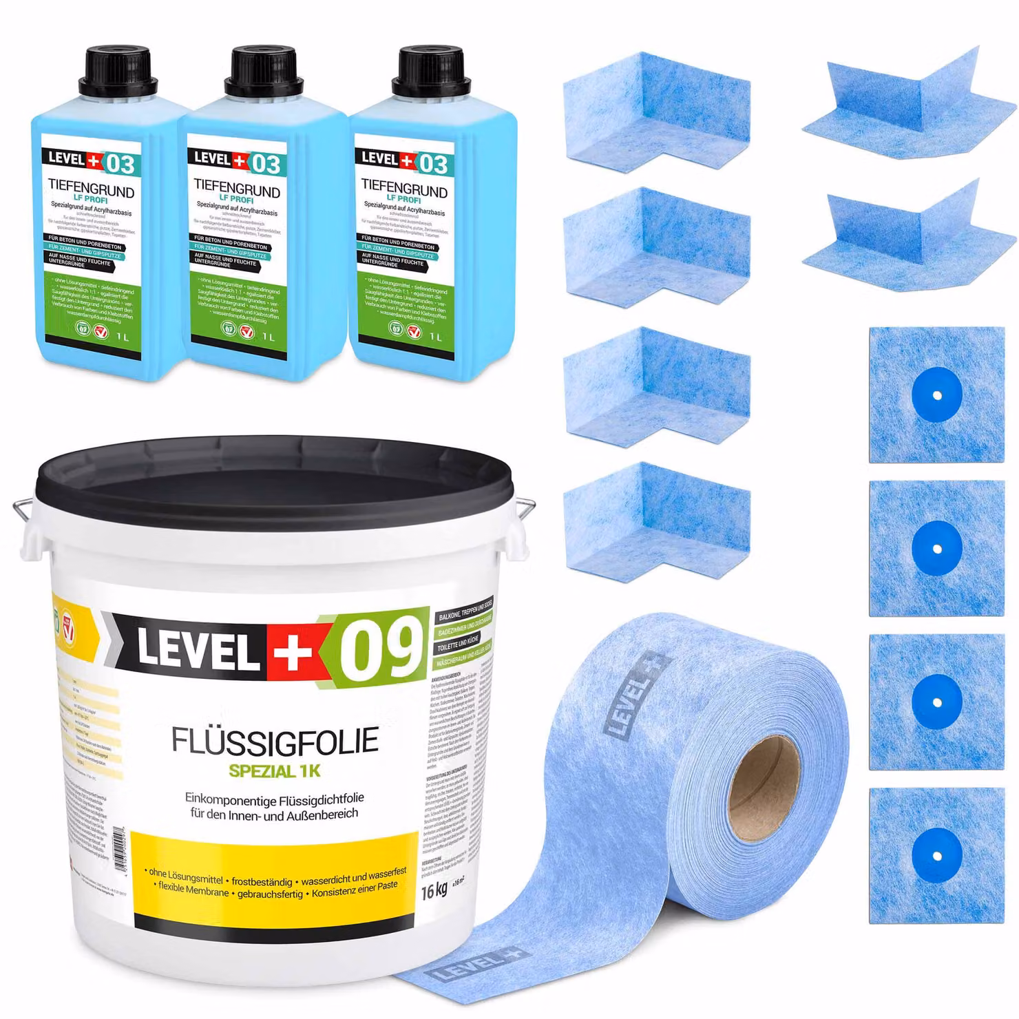 Kit di impermeabilizzazione Lamina liquida 16 kg Nastro sigillante 15 mb Primer Bagno doccia Level+ SET68