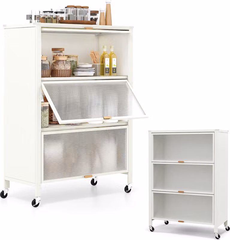 KOMFOTTEU Scaffale da cucina a 4 livelli, armadio con 4 ruote e ante a battente trasparenti, armadio in metallo con protezione antiribaltamento per la sala da pranzo, 81 x 37 x 115 cm