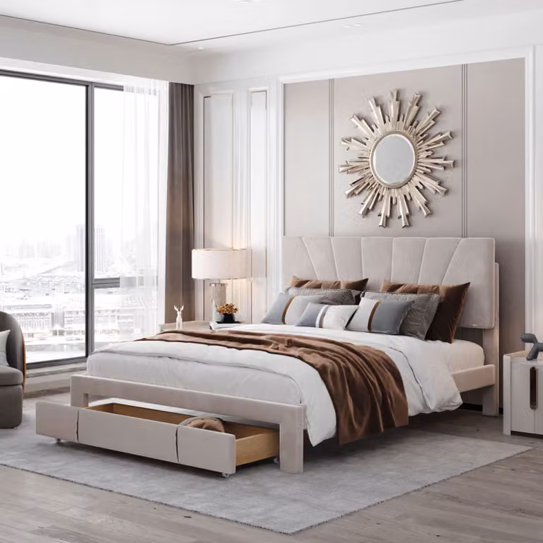 Letto imbottito ProximaX, 140 x 200 cm – Letto matrimoniale con rete a doghe – Schienale e ampio cassetto – Letto matrimoniale in velluto – Beige