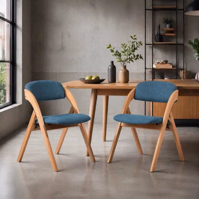 Set di 2 sedie pieghevoli blu in legno massello con seduta imbottita