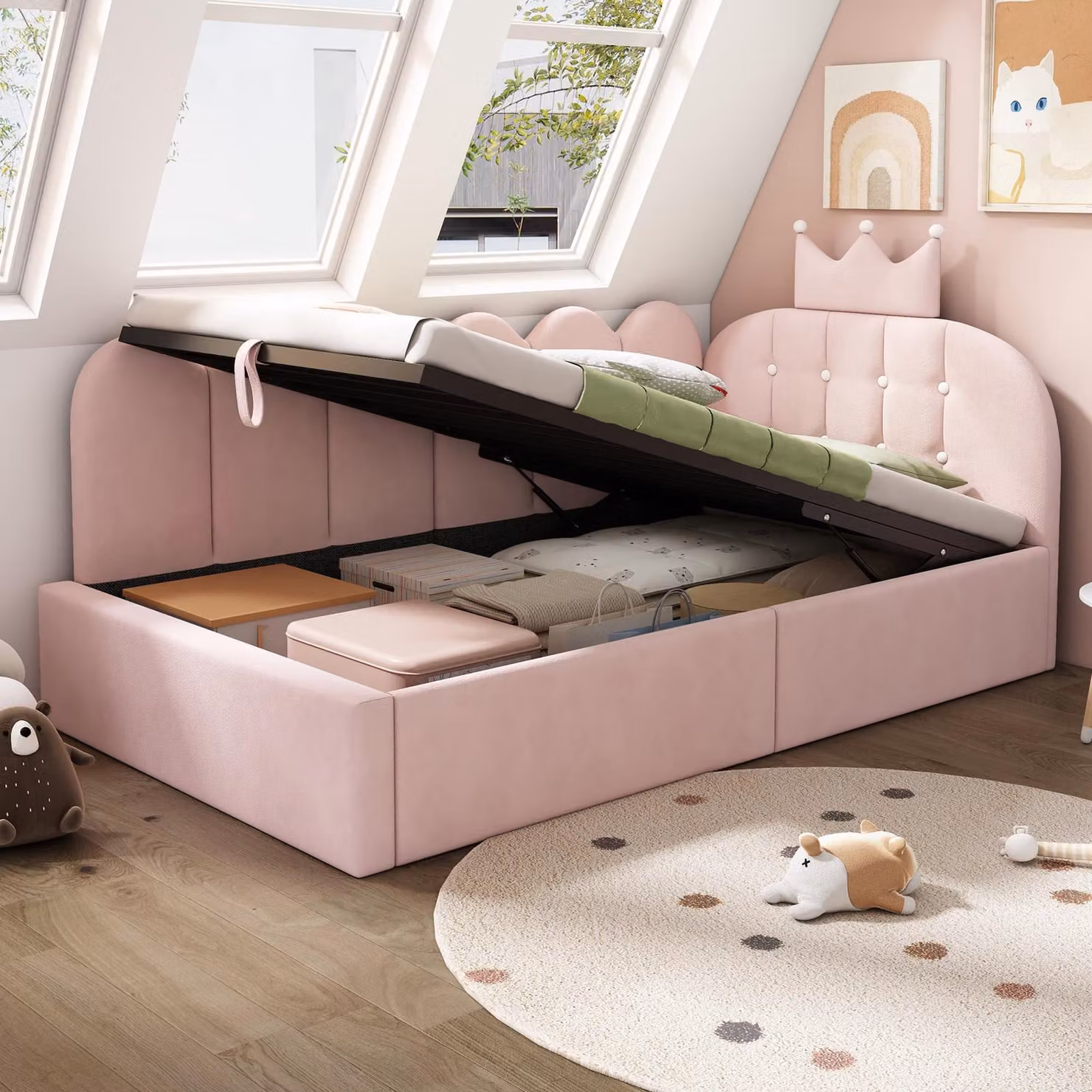Divano letto imbottito MODFU 90x200 con design a griglia a , lettino per bambini con vano portaoggetti (idraulico), letto singolo, adatto alla cameretta senza materasso, colore rosa