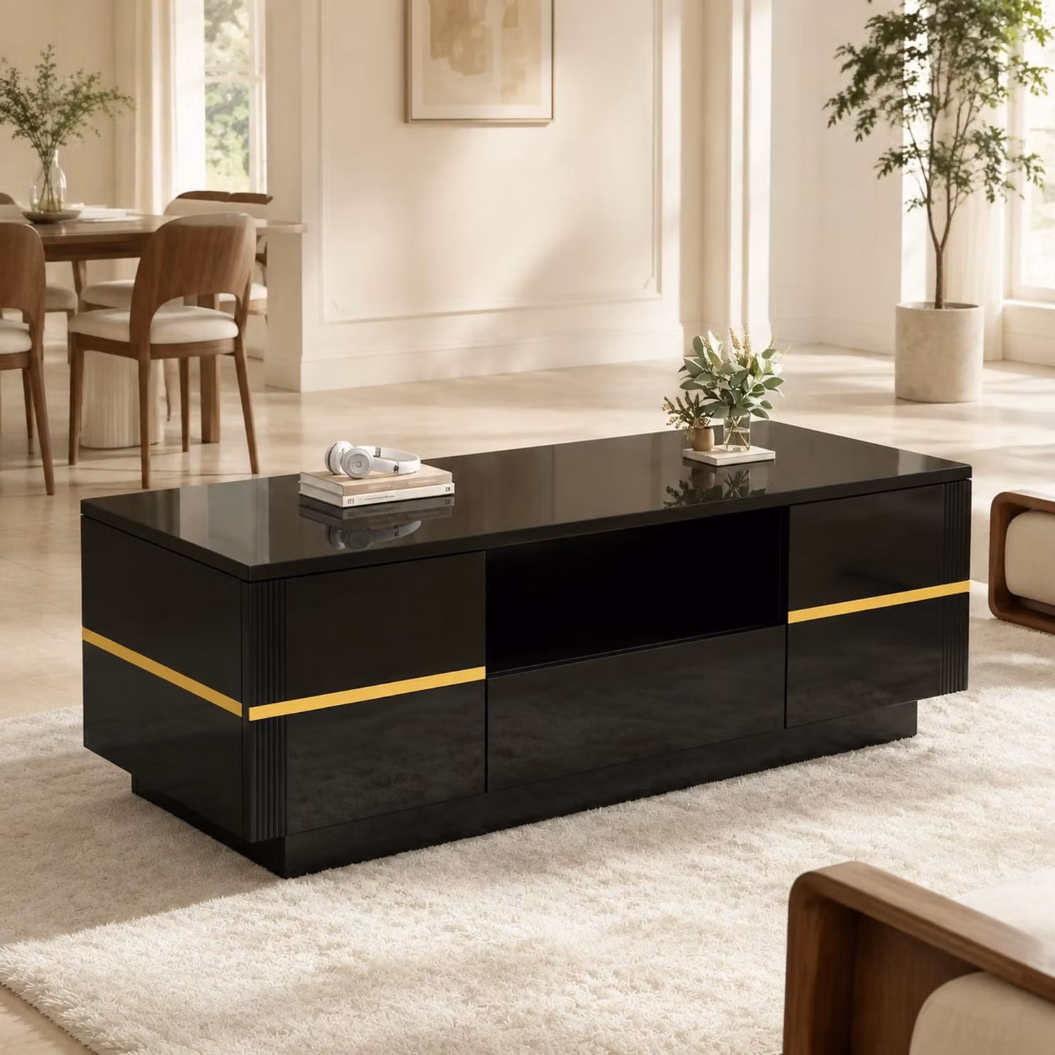 Tavolino moderno con finitura lucida e illuminazione LED, dotato di 2 ante, ideale per il soggiorno, con spazio contenitivo e dettagli dorati, colore nero