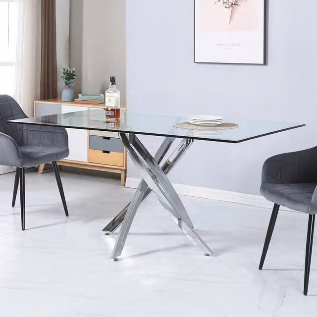 Tavolo da Pranzo Peyton 160×90 cm in Vetro Temperato con Gambe Incrociate Cromate