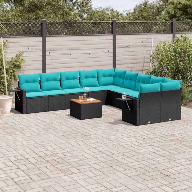 Set di divani da giardino vidaXL 11 pz in polyrattan nero con cuscini e tavolino da esterno a forma di U