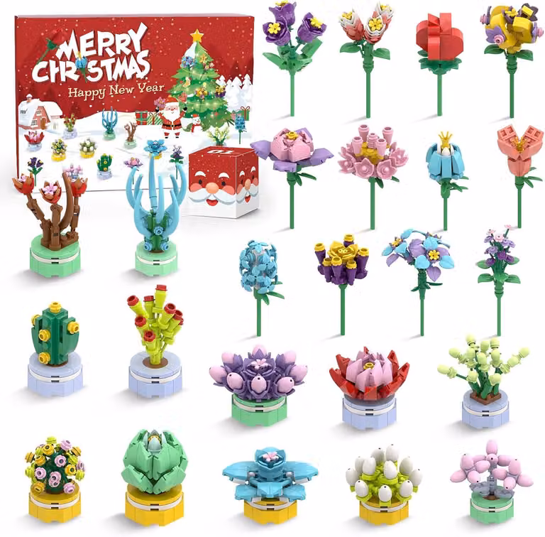 Calendario dell'Avvento per bambine, confezione da 24, con piantine grasse e fiori artificiali, ideale come regalo per bambini. Calendario dell'Avvento con 24 sorprese
