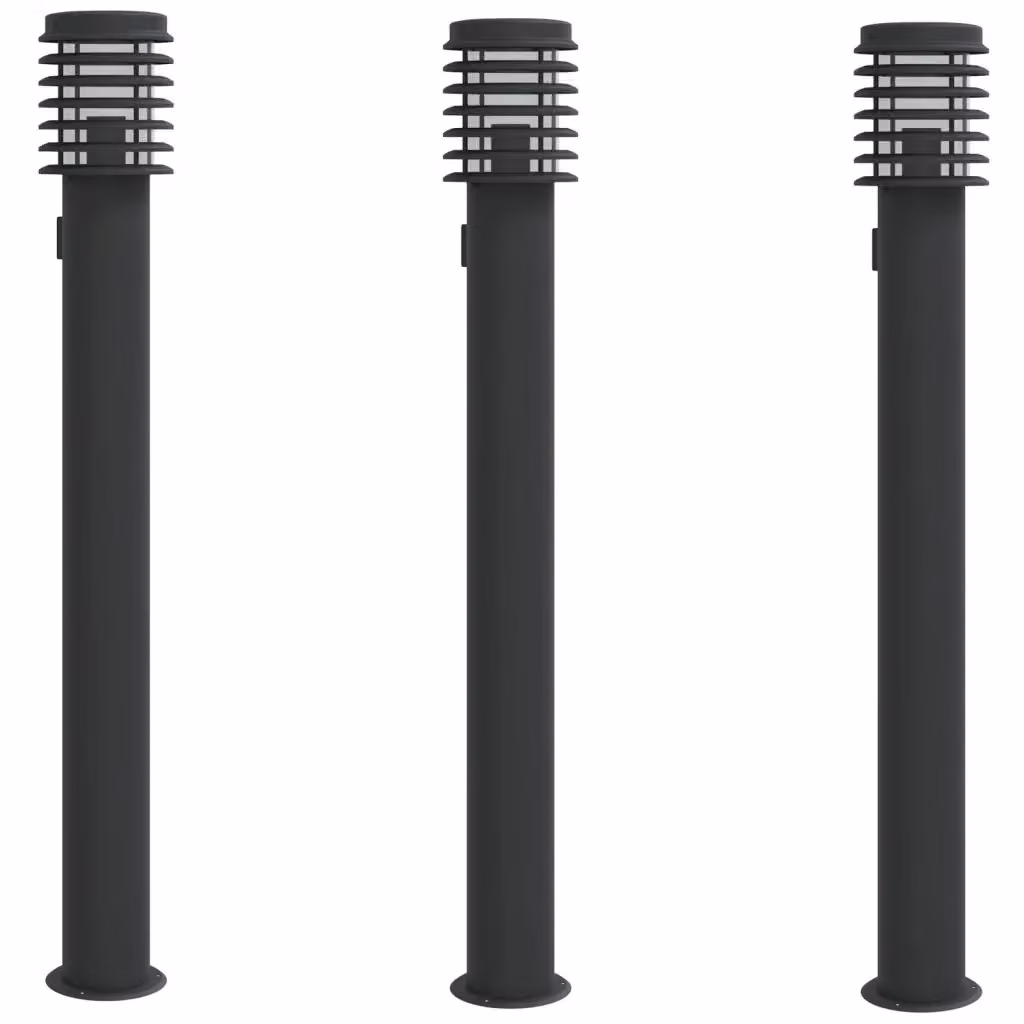 Set di 3 lampade da terra per esterni vidaXL in acciaio inox e plastica, colore nero, modello a pilastro con attacco E27 e protezione IP44, Altezza: 110 cm – 2