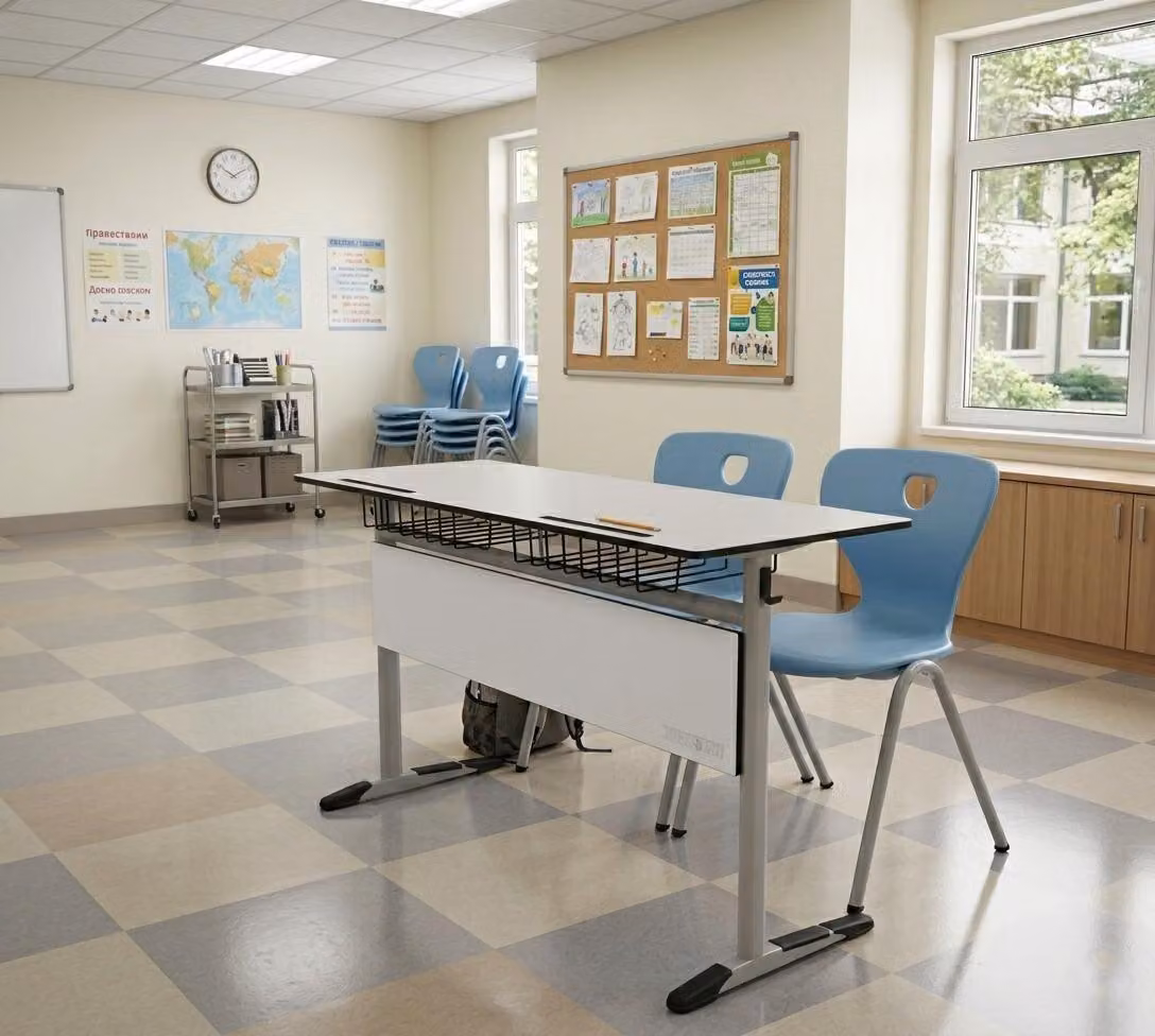 Set scolastico moderno ed ergonomico: scrivania grigia e sedia blu a due posti