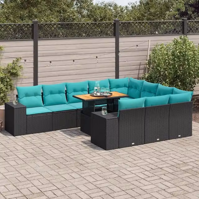 Set di Divani da Giardino vidaXL a Forma di U composto da 11 Pezzi con Cuscini Blu e Nero in Polyrattan e Acciaio con Tavolino da Esterno – 1